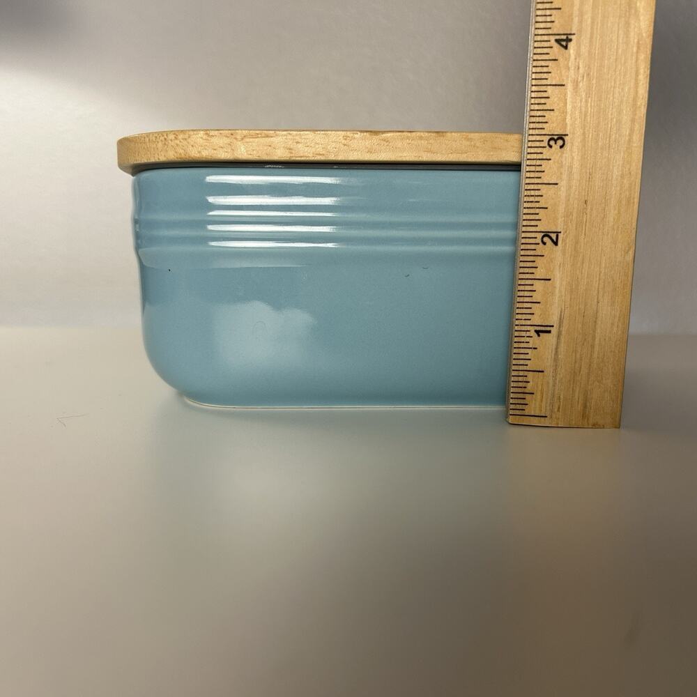 Large DOWAN Ceramic Butter Dish Wood Lid Turquoise 6.5" x 3.5" Classic Simple - Picture 6 of 11